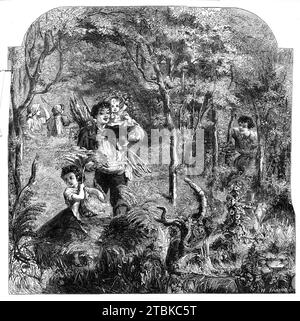 &quot;Coming Home by the Shortest Way&quot; - drawn by J. Godwin, 1861. Engraving of a painting. 'Mr. Godwin has here produced a joyous little picture which it glads one's eyes to look at. A party of village children have been out gathering wood and wild flowers, and, shouting with glee, are making their way home by a short cut through a close-tangled copse. The eldest of the party carries master baby on his shoulders, whose head is smothered in flowers. On before struts the penultimate of the family, with a basket of flowers slung round his neck, and carrying a small bough as a parasol. Three Stock Photo