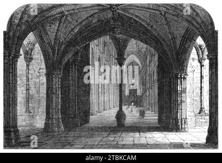 The Archaeological Institute of Great Britain at Peterborough: entrance to the nave of the cathedral, by S. Read, 1861. 'The cathedral is a regular cruciform structure of Norman or Early English character...the nave [was built] by Abbot Benedict (a.d. 1177-1193)...The nave has its piers composed of shafts of good proportions and fine appearance, without that overwhelming heaviness which appears in buildings where the great circular piers are used...Though the general character of the architecture is Norman or Early English, great alterations have been made in later styles...The ceiling or inne Stock Photo