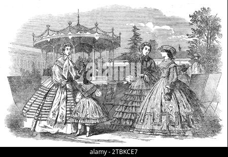Paris fashions for September, 1861. '1. Walking Dress. Robe of organdi, having twelve narrow tucks arranged above a rather wide hem...The dress is high-necked, the corsage...trimmed with graduating frill-braces. Waistband of white watered silk ribbon, ornamented with wild flowers, of which the tour-de-tete of the white chip bonnet is also composed. 2. Dress for a Little Girl. Pink gaze de Chambery frock, the skirt with a flounce composed of plaits surmounted by a silk ruching. The corsage is d&#xe9;collet&#xe9;, and at the top of the plaited chemisette is a narrow ruching...Black chenille net. Stock Photo