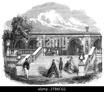 Royal Horticultural Society's Gardens, South Kensington: steps from one of the central arcades to the gardens, 1861. The Society's new garden opened in 1861 and was located on the current site of the Science Museum and Imperial College London. Prince Albert, as President of the RHS, influenced everything from the garden's Kensington location to its Italianate architecture and even the events held there. The Society had agreed that the garden would be open to all ticketholders to the international exhibitions held in the new South Kensington cultural quarter. Events such as the International Ho Stock Photo