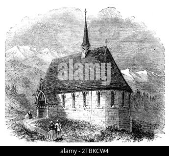 English church to be erected at Karlsbad, Bohemia, 1861. The first English church in Austria. '...the many hundreds of English families yearly visiting Karlsbad [had] no better place of worship than a ballroom or the saloon of an almost inaccessible Gasthaus...Sir Henry Bentinck (a Crimean hero), laid the [foundation] stone, with an appropriate address, which was translated into German...The design is by Ewin [sic] Christian, Esq., and shows great taste, being a simple Early English chapel, with high-pitched roof and bell turret. A portion of the Gartenthal, a site both quiet and easy of acces Stock Photo