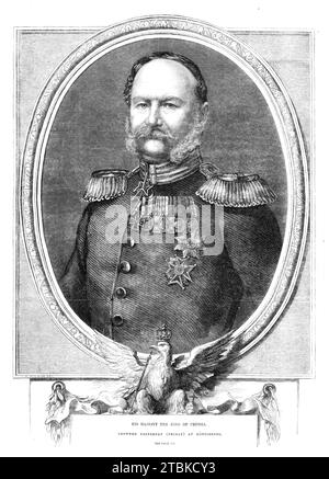 His Majesty the King of Prussia, crowned at K&#xf6;nigsberg, 1861. In 1829 Wilhelm I, Emperor of Germany, King of Prussia, '...succeeded his elder brother, Frederick William IV., in the present year, after having, as is well known, exercised the functions of the Government of the kingdom as Regent for some time previously - that is, from Oct. 9, 1858...he is now in his sixty-fourth year. Before he was called on to take the conduct of the affairs of his brother's kingdom he filled the posts of Military Governor of Rhenish Prussia and the King's Lieutenant in Pomerania. Until the time when he be Stock Photo
