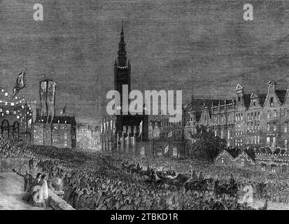 The Coronation of the King and Queen of Prussia: the royal visit to Danzic [Gdansk] - Their Majesties passing the Long Market - from a sketch by our special artists, 1861. '... the Royal party, in three or four carriages, entered the town...The cheers were deafening. Surrounding the King's carriage, riding in front, in the rear, at the sides - in fact, everywhere - was the Guild of the Butchers, whose privilege it is...[to] sally forth foremost for the reception of the Prussian Sovereigns. The Dantzic Rifles, preceded by their band and dressed in green coats and black j&#xe4;ger hats with gree Stock Photo