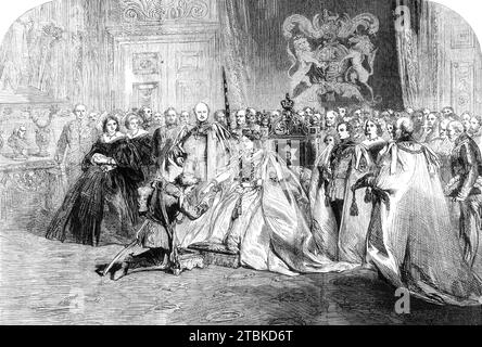 The First Investiture by Her Majesty of the Most Exalted Order of the Star of India in the Throne-Room, Windsor Castle, 1861. '...Princesses Alice, Helena, Louise, and Beatrice, Princes Arthur and Leopold, and the Princess of Hohenlohe, witnessed the ceremony...the Prince Consort and Prince of Wales having been first nominated extra knights, the following were then invested: Viscount Gough, Lord Harris, the Maharajah Dhuleep Singh, Lord Clyde, Sir John Lawrence, and Sir George Pollock...the Queen wore the mantle, which is of light blue satin, lined with white satin, and fastened with a cordon Stock Photo