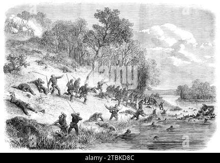 The Civil War in America: retreat of the Federalists after the fight at Ball's Bluff, Upper Potomac, Virginia - from a sketch by our special artist, 1861. 'It is hardly credible that 1800 men should have been sent across a river...and left unsupported when 30,000 of the division to which they belonged were within sound of their rifles...The 15th Massachusetts...knew the odds to be greatly against them...as the deadly fire of the Mississippi riflemen drove them back each time...seeing the utter uselessness of contending against their powerful enemy, the few surviving combatants slowly fell back Stock Photo