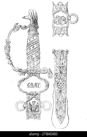 Sword of Honour presented to General M'Clellan by the City of Philadelphia, 1861. 'Messrs. Baily and Co., of Chesnut-street [sic], Philadelphia, have just completed a sword for General M'Clellan. The sword is the straight regulation Major-General's sword, the blade of fine Damascus steel, the scabbard and handle of silver, heavily gilt; the hilt is surmounted by a bald-headed eagle crushing a serpent; the grip is entwined with alternate convolutions of stars and laurel-leaves formed of diamonds and pearls. On the guard, which works on a hinge, are the General's initials, richly chased. On the Stock Photo