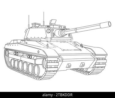 Main battle tank Coloring Page. Armored fighting vehicle. Special military transport. Detailed vector illustration isolated on white background. Stock Vector