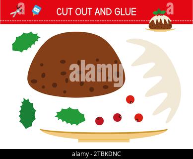 Christmas activity. Cut and glue educational game for kids. Cute Christmas pudding craft Stock Vector