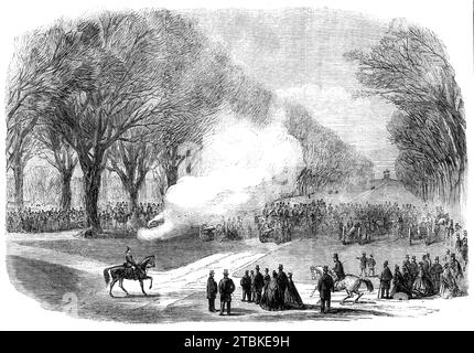 The Funeral of His Late Royal Highness the Prince Consort: firing minute guns in the Long Walk, Windsor Park, 1861. 'At sunrise, when the union-jack was displayed half-staff from the summit of the Round Tower, five-minute guns were fired from the end of the Long Walk by a battery of the Royal Artillery, and this was continued during the morning until the Royal remains left the castle, when the firing was increased to minute time'. The death of Albert from typhoid fever was a crushing blow to Queen Victoria, who wore mourning dress for the remaining 40 years of her life. From &quot;Illustrated Stock Photo