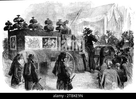 The Funeral of His Late Royal Highness the Prince Consort: the Hearse approaching St. George's Chapel, 1861. Prince Albert's hearse, drawn by six horses, accompanied by mourners. 'On Monday the remains of the late Prince Consort were interred in the last resting-place of England's Sovereigns - the Chapel Royal of St. George's, Windsor. By the express desire of his Royal Highness the funeral was of the plainest and most private character; but the chief men of the State were assembled to do honour to his obsequies, and by every sign of sorrow and mourning the nation at large manifested its sense Stock Photo