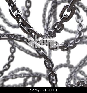 Intersecting 3d chrome metal chains swirling in the air render Stock Photo