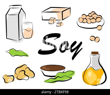 Soy products on a white background Stock Vector