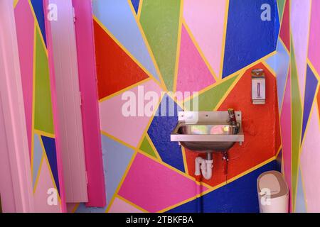 Perth: Colourful painted womens toilet block with stainless steel basin in David Carr Memorial Park, Perth, Western Australia Stock Photo