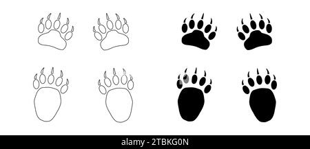 Bear or panda paw footprints with claws. Silhouette and Contour. Black vector illustration isolated on white background. Grizzly wild animal paw print Stock Vector