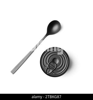 Black matte round closed tin can and black spoon on a white background isolated, tinned food, canned food, preserves top view. Stock Photo