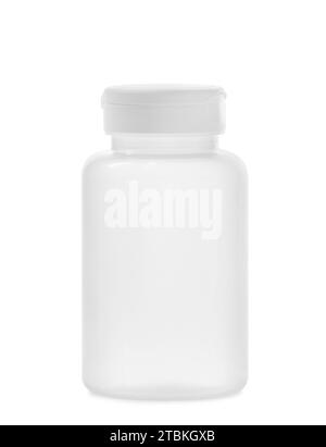Plastic white bottle for vitamin, medicine, food dietary supplements on a white background. Medical container for pills. Stock Photo