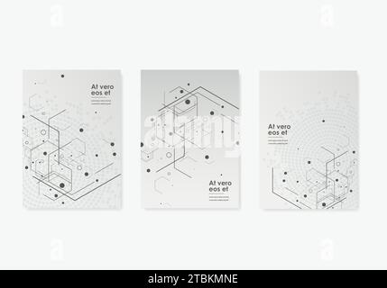 Vector brochure templates with hexagons and lines and dots on white background. Stock Vector