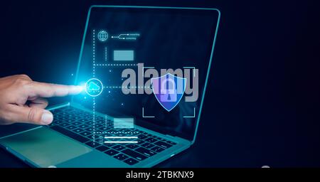 Businessman using tablet secure encryption technology, cybersecurity privacy of data protection, security Internet access, security encryption of user Stock Photo