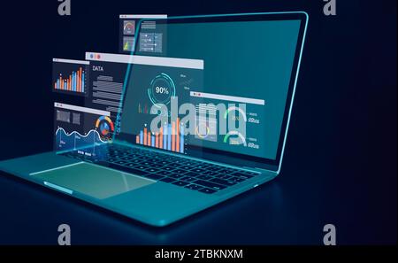 Laptop computer on dark background and dashboard for business analysis. Data and management system with KPIs and indicators connected to databases for Stock Photo