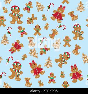 Gingerbread seamless repeating pattern: family: father, mother, daughter, son, children, dog, cat, pets, candy cane, Christmas tree. Vector illustrati Stock Vector