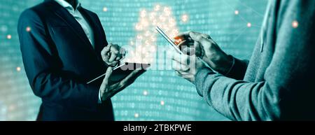 Digital money transfer or online payment. Man making money transfer to businessman trought his mobile phone. Abstract background. Digital money concep Stock Photo
