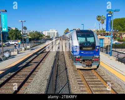 Drone Photo of Passenger Trains in Oceanside and Del Mar California Stock Photo