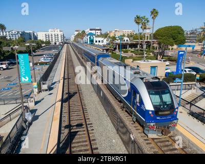 Drone Photo of Passenger Trains in Oceanside and Del Mar California Stock Photo