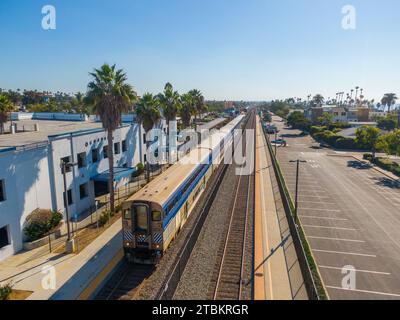 Drone Photo of Passenger Trains in Oceanside and Del Mar California Stock Photo