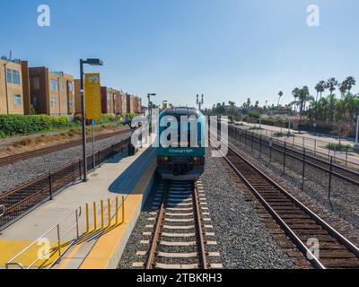 Drone Photo of Passenger Trains in Oceanside and Del Mar California Stock Photo