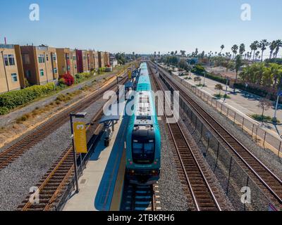 Drone Photo of Passenger Trains in Oceanside and Del Mar California Stock Photo