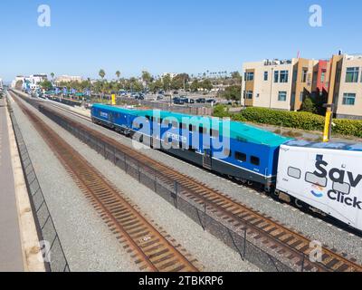 Drone Photo of Passenger Trains in Oceanside and Del Mar California Stock Photo