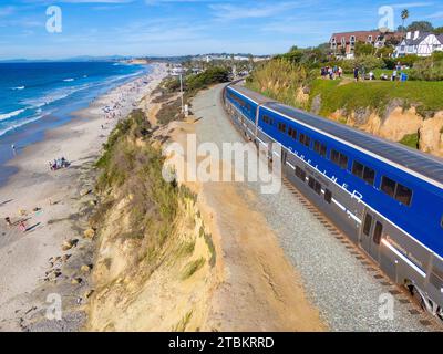 Drone Photo of Passenger Trains in Oceanside and Del Mar California Stock Photo