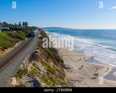 Drone Photo of Passenger Trains in Oceanside and Del Mar California Stock Photo