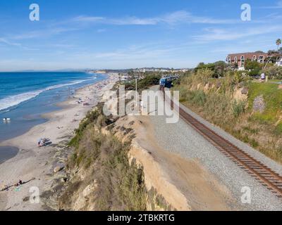 Drone Photo of Passenger Trains in Oceanside and Del Mar California Stock Photo