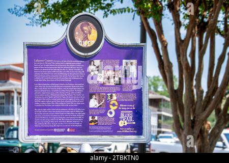 Mississippi Blues Trail Historical Marker outside the historic Lafayette County Courthouse in Oxford, Mississippi. Stock Photo