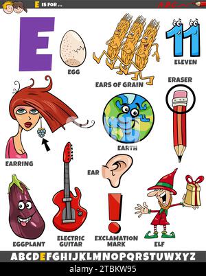 Cartoon illustration of objects and characters set for letter E Stock Vector