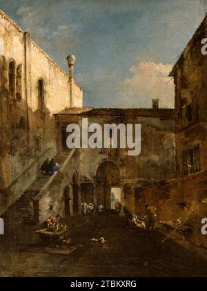 A Venetian Courtyard, c1770s. This view into a Venetian courtyard shows people engaged in everyday activities, such as a woman washing clothes. The focus of the painting, however, is on the beauty of the decaying architecture and the rich tonal variations of the shaded walls. Architectural painting of the 18th century typically represented monumental vistas of grand buildings, but, in this work, Guardi has found a different kind of beauty by painting a building from its back side. Guardi's paintings combine a sense of place with a lightness of touch that suggest the potential romance and adven Stock Photo