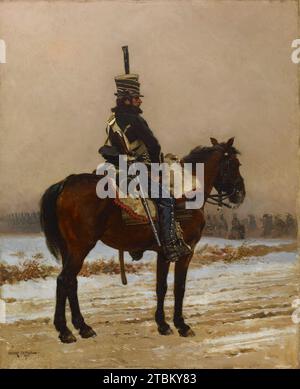 The Picket, 1875. In this winter scene set in the Napoleonic era, a member of the Eleventh Hussar regiment keeps watch. Stock Photo