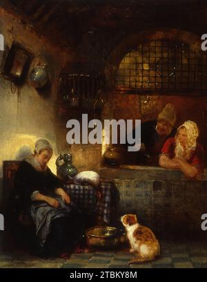 Dutch Interior, c1840. A servant girl has been found asleep by an older couple. Beside her, on a table covered with a checked cloth, is an unplucked dead goose and a large stoneware pitcher; at her feet waits a hungry cat beside a large copper basin. The artist has enriched the kitchen setting with such details as the broken mirror and the ceramic vase suspended from wall pegs, a large wooden-slatted bird-cage, and a wainscot of Delft tiles. Stock Photo