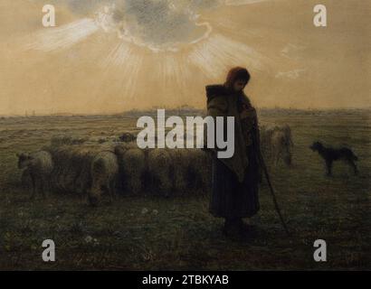 The Shepherdess and Her Flock, 1862-67. Millet's image of a shepherdess knitting on the plain of Chailly was modeled after his daughter Louise and was one of his most critically successful works when shown at the 1864 Salon. This is one of four pastels versions after the painting (now in the Mus&#xe9;e d'Orsay, Paris). His dynamic use of pastels masterfully evokes the sense of light breaking through the clouds. Stock Photo