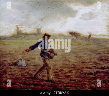 The Sower, c1865. Millet first gained widespread notoriety with his iconic image of a sower shown at the 1850/51 Paris Salon. In this pastel version, he integrates the sower into the landscape around Barbizon with a harrower, a flock of crows, and the tower of Chailly visible in the distance. Millet built up his composition with a network of black chalk lines before adding his pastels. Stock Photo