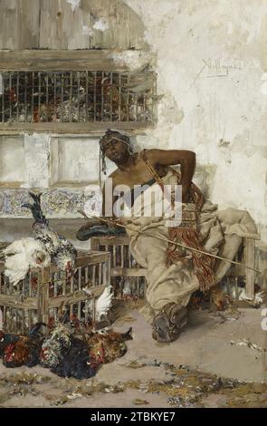 Poultry Market, Tangiers, before 1881. Nineteenth-century North Americans and Northern Europeans viewed southern Spain as 'exotic' and racially different from the rest of Europe due to its proximity to, and long history of exchange with, North Africa. These artists often created work that reflected the audience’s prejudices about people from cities like Tangiers, where this scene is set. A typical gambit in this genre of painting was to suggest cultural decline by depicting workers in moments of idleness and decaying architecture. Here, the figure, presumably a merchant at the market in Stock Photo