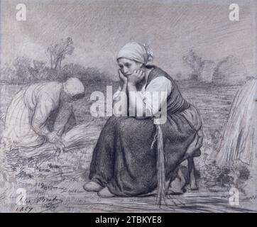 Repose, 1867. This drawing dates from perhaps the most formally successful decade of Breton's career. The artist represents a young woman lost in dreamy contemplation as she pauses for rest during the harvest. Her fellow harvesters continue to work behind her, and there are haystacks visible in the distance. The contrast is notable between the highly finished manner of the resting woman and the far sketchier treatment of the landscape background and secondary figures. The resting woman is characteristic of Breton's classicizing treatment of form in the 1860s, but it may also reflect an awarene Stock Photo