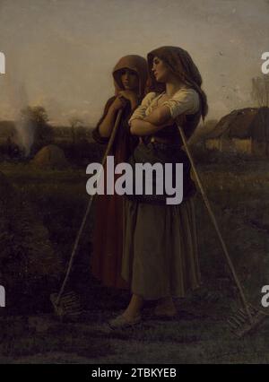The Close of Day, 1865. Two peasant women rest leaning on their rakes as the sun sets. Breton trained in Belgium and in Paris but remained committed to his birthplace, Courri&#xe8;res in the Pas-de-Calais department of northern France. His early paintings reflect a concern for the plight for the rural poor, but his later works tended to romanticize their existence. Stock Photo