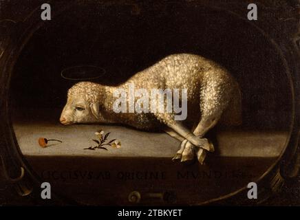 The Sacrificial Lamb, c1670-1684. The inscription refers to Christ as the Lamb whose death was foretold. This symbolism of Christ as a sacrificial lamb who brings salvation derives from the feast of Passover, instituted after the Lord saved the Jews in Egypt who brushed the blood of slaughtered lambs over their doors. Stock Photo