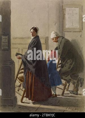 Man, Woman, and Girl at Prayer in Church, 1864. Stock Photo
