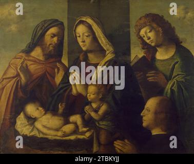 The Holy Family with the Young St. John the Baptist, St. John the Evangelist, and a Donor, c1510. This painting combines two of the most popular subjects in Italian Renaissance art: the &#x201c;sacred conversation&#x201d; (a group of holy figures are placed in a unified space) and the Nativity. The Virgin Mary, standing before deep green cloth of honor, and Saint Joseph (left) adore the newborn Christ, who in accordance with biblical tradition lies in a simple straw manger. Christ&#x2019;s infant cousin John the Baptist joins in the adoration while one of Christ&#x2019;s later followers, John Stock Photo