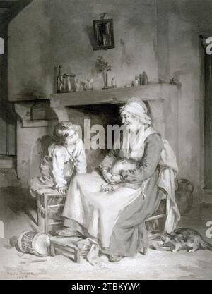 Interior with Old Woman and Boy, 1862. Rather than recording the quaint, but impoverished circumstances of the &#xc9;couen villagers, Soyer records a scene of happy domesticity. A young child gazes inquisitively at his grandmother, who has fallen asleep with her glasses in her lap. Beside her is a cat lapping its food. On the floor are potential threats to this tranquil scene-a toy drum and drumsticks. A vase of flowers on the mantel adds a cheerful note to the rustically, but adequately furnished room. Stock Photo