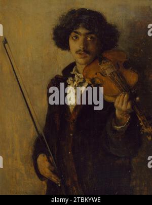 The Musician, 1884. A young musician is shown from slightly below the waist, posed with his violin and bow. The picture is thinly painted, allowing the wood ground to appear, particularly in the background. A couple of pictures entitled &quot;Petit joueur de violon&quot; of 1884-5 are mentioned in &quot;Catalogue des oeuvres de Dagnan-Bouveret (peintures),&quot; Paris, Institut de France, 1930. Stock Photo