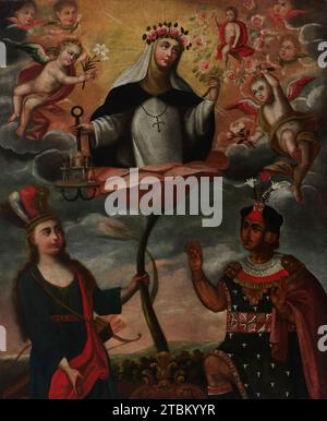 An Allegory of Saint Rose of Lima, c1730-1760. This is an allegorical painting of Saint Rose of Lima (1586-1617), the first American-born saint, flanked by two adult figures below, and by the Infant Jesus and flying angels and seraphim above. The work draws very directly on the engraved frontispiece of a 1511 collection of sonnets on St. Rose&#x2019;s life by the Spanish writer Luis Antonio de Oviedo y Herrera. In that engraving, the saint, as in this painting, appears to sprout from a rose, and holds a halo of roses in one hand in which appears the baby Jesus. Her other hand holds an anchor, Stock Photo